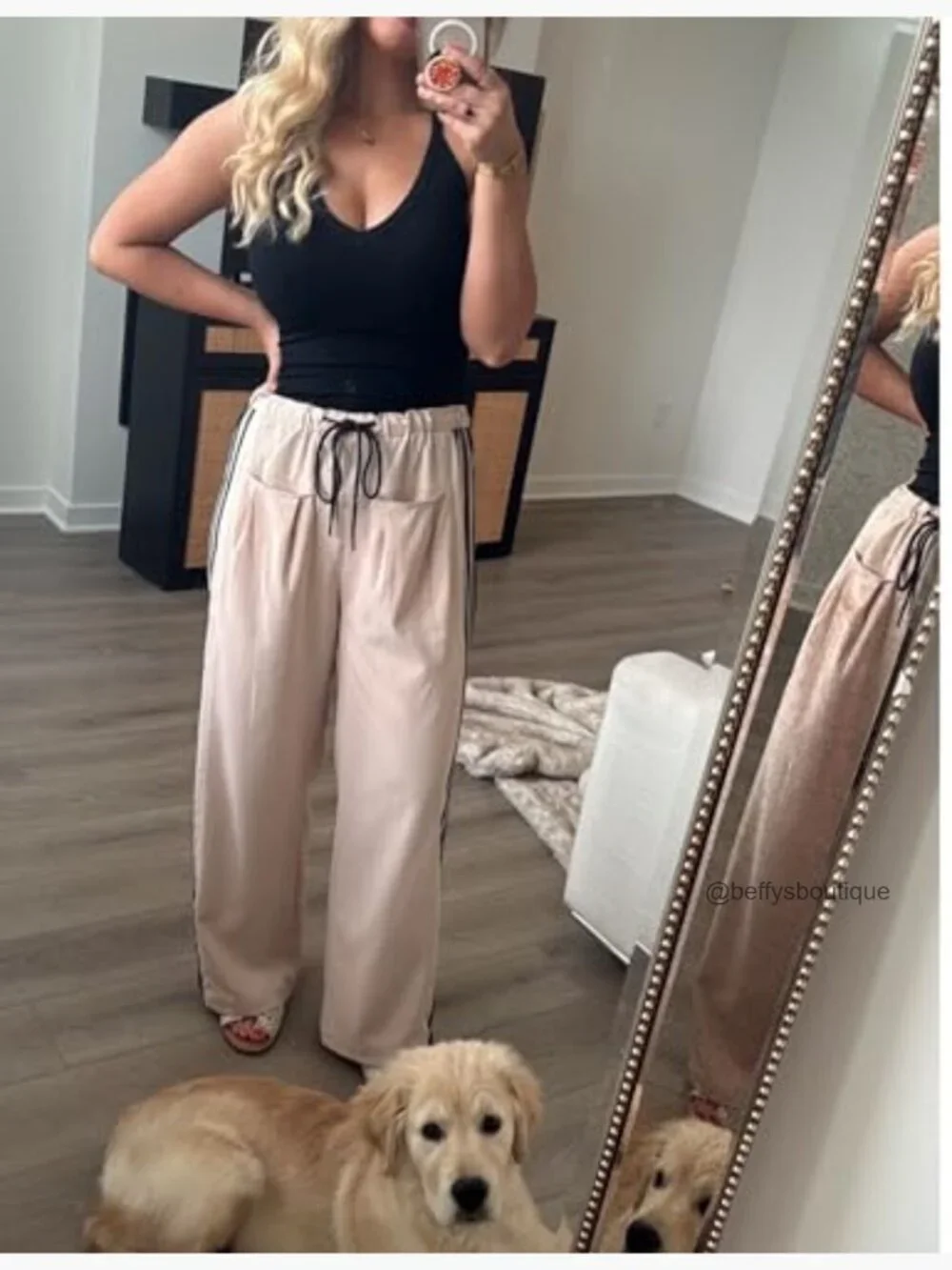 Wide Leg Sweatpants High Waist Drawstring Side Striped Pockets Lounge Active - Picture 4 of 7